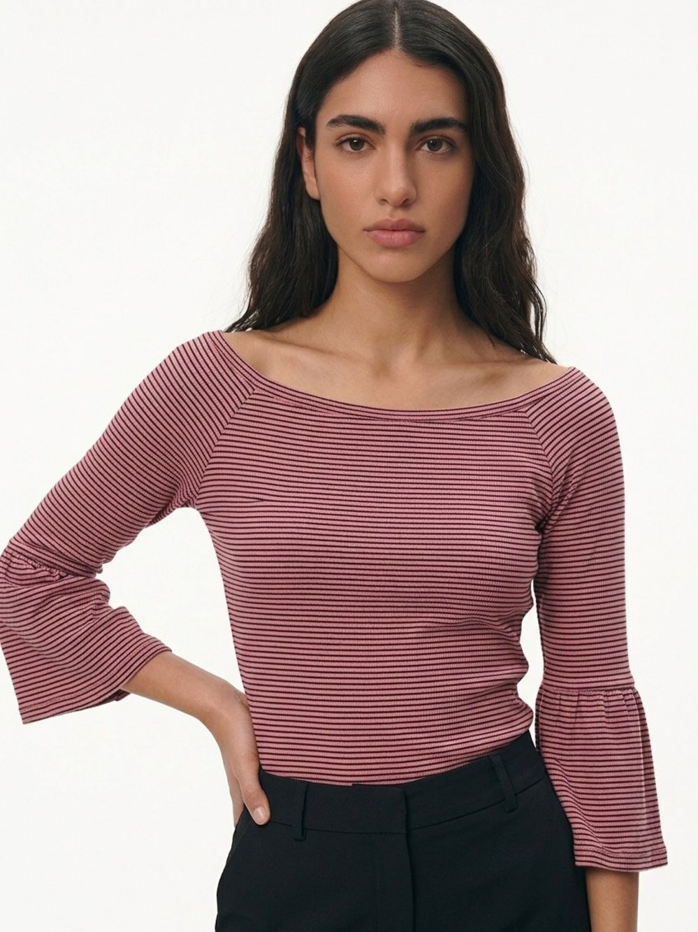 BOBEAU | NEW Nordstrom Striped Bell Sleeve Salmon & Black Top Women’s Size Small